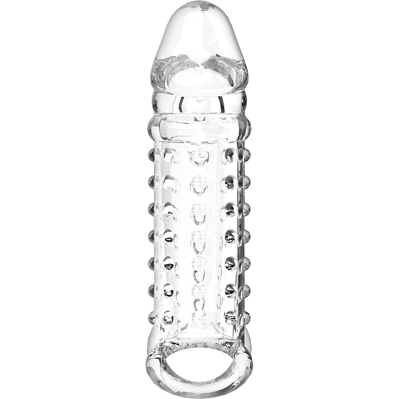 Profil oppose de la gaine penienne VirilXL transparente a picots stimulants avec anneau de scrotum, gland transparent marque et fut clouté.