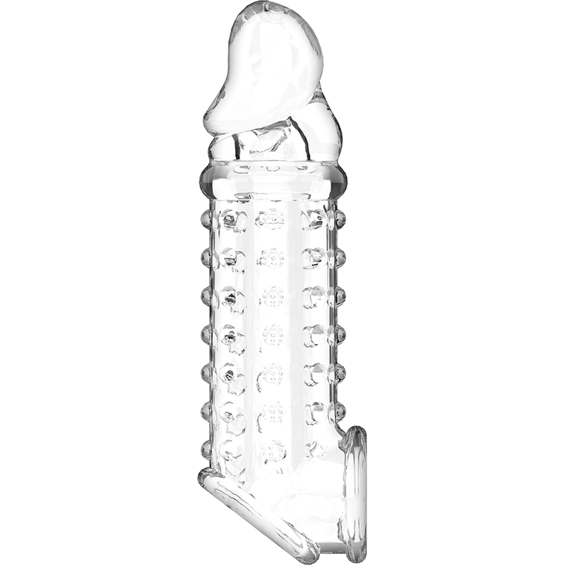 Vue trois quarts de la gaine penienne VirilXL transparente a picots stimulants avec anneau de scrotum allonge, gland clair et fut clouté texture.