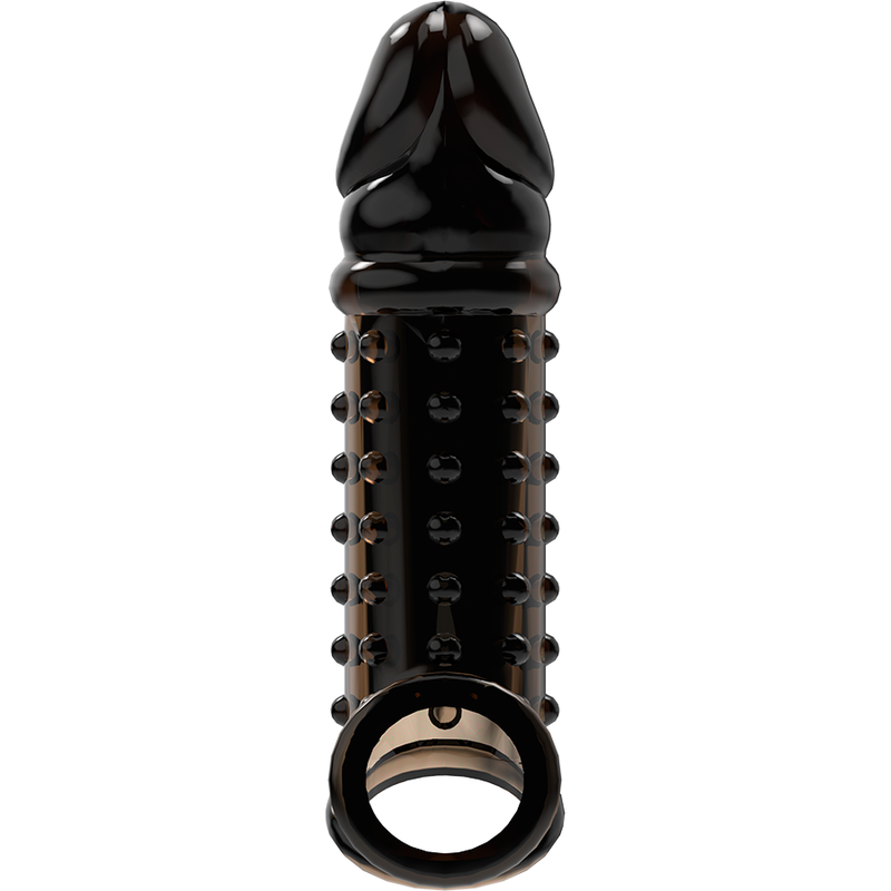Vue de face de la gaine penienne VirilXL noire a picots stimulants avec anneau de scrotum circulaire, gland marque et fut clouté texture.