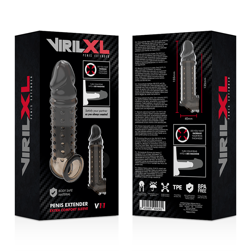 Recto verso de l'emballage VirilXL Penis Extender V11 noir en TPE, gaine penienne cloutee illustree avec pictogrammes body safe et sans BPA.