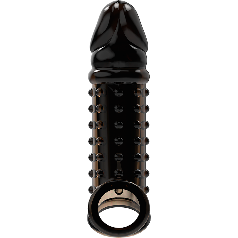 Profil oppose de la gaine penienne VirilXL noire a picots stimulants avec large anneau de scrotum, gland brillant et fut clouté texture.