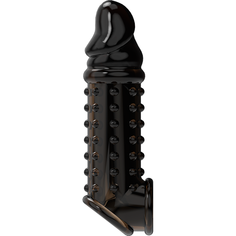 Vue trois quarts de la gaine penienne VirilXL noire fumee a picots avec anneau de scrotum, gland marque et fut clouté, manchon stimulant souple.