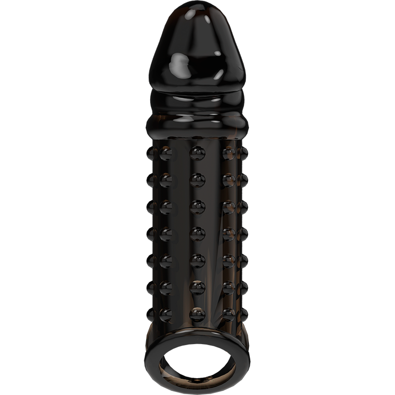Vue de face de la gaine penienne VirilXL noire a picots stimulants avec anneau de scrotum ouvert, gland marque et fut entierement clouté texture.