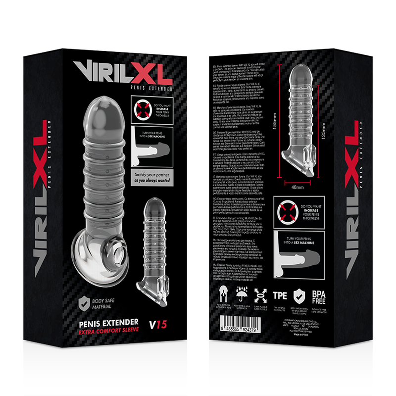 Recto verso de l'emballage VirilXL Penis Extender V15 en TPE, extension penienne transparente nervuree illustree avec pictogrammes body safe et sans BPA.