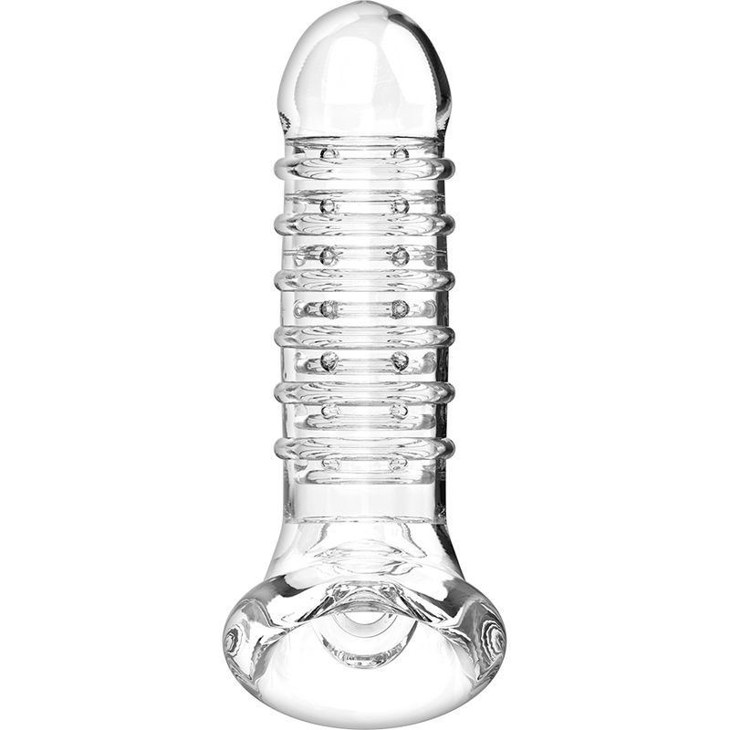 Profil oppose de l'extension penienne VirilXL TPE transparente nervuree avec anneau de scrotum, gland bombe et fut a stries, sangle genitale integree.