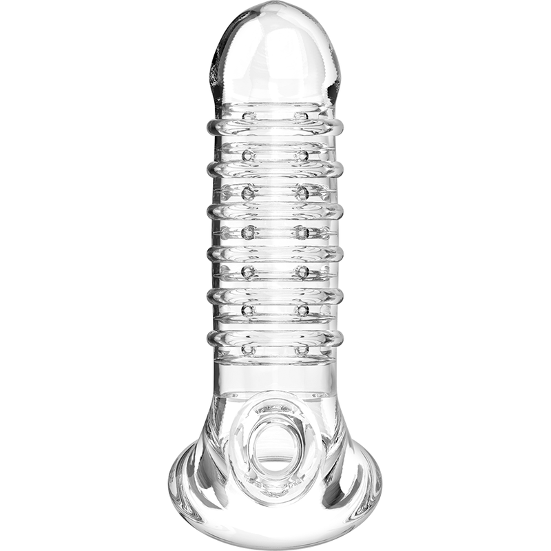 Vue trois quarts de l'extension penienne VirilXL TPE transparente a stries spiralees avec anneau de scrotum, gland bombe, +30% de longueur.