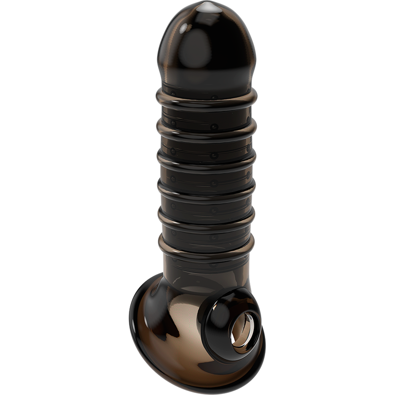 Vue de face de l'extension penienne VirilXL TPE noire fumee nervuree avec anneau de scrotum circulaire, gland bombe et fut a stries lisses.