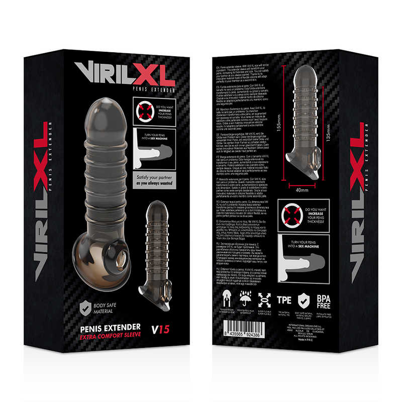 Recto verso de l'emballage VirilXL Penis Extender V15 noir en TPE, extension penienne nervuree illustree avec pictogrammes body safe et sans BPA.