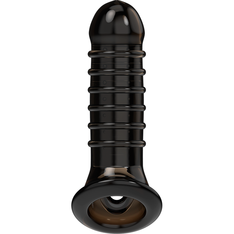 Vue trois quarts de l'extension penienne VirilXL TPE noire fumee nervuree avec anneau de scrotum, gland bombe et fut a stries, manchon souple.