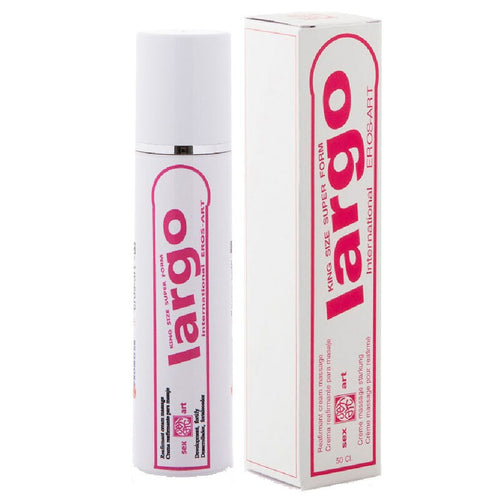 Creme d'agrandissement Largo 50 ml, flacon blanc et boite rose et blanche cote a cote, creme vasodilatatrice a application locale pour le volume masculin.