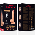 Boite recto-verso du gode realiste vibrant Master Ben, telecommande illustree et visuel du silicone chair avec gland et testicules, sept frequences.