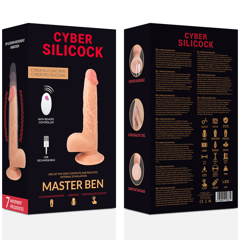 Boite recto-verso du gode realiste vibrant Master Ben, telecommande illustree et visuel du silicone chair avec gland et testicules, sept frequences.