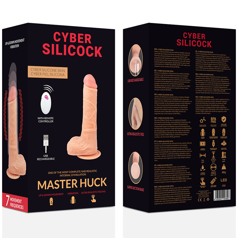 Boite recto-verso du gode realiste vibrant Master Huck, telecommande et visuel du silicone chair avec gland et testicules, sept frequences de vibration.