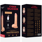 Boite recto-verso du gode realiste vibrant Master Huck, telecommande et visuel du silicone chair avec gland et testicules, sept frequences de vibration.