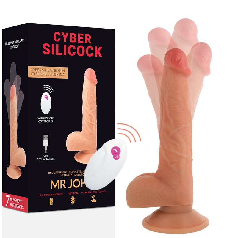 Gode realiste vibrant Mr John avec boite et telecommande, silicone chair gland et testicules, vibrations a distance, base ventouse et effet de mouvement.