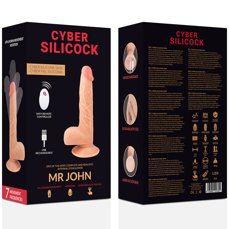 Boites recto-verso des godes realistes vibrants Mr John et Master, telecommandes illustrees et visuels du silicone chair avec gland et testicules.