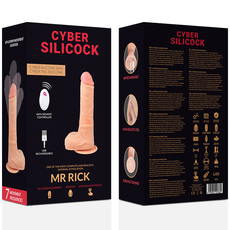 Boite recto-verso du gode realiste vibrant Mr Rick, telecommande illustree et visuel du silicone chair avec gland et testicules, sept frequences de vibration.