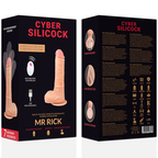 Boite recto-verso du gode realiste vibrant Mr Rick, telecommande illustree et visuel du silicone chair avec gland et testicules, sept frequences de vibration.