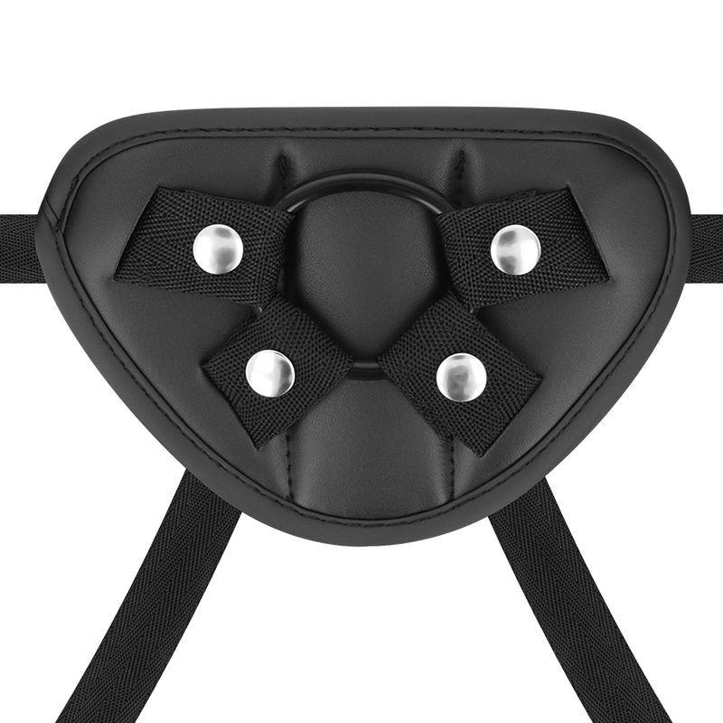 Gros plan de la plaque du harnais Master en tissu noir vue de face, quatre oeillets metalliques et noeuds textiles, presentee seule sur fond blanc pour fixer un gode interchangeable.