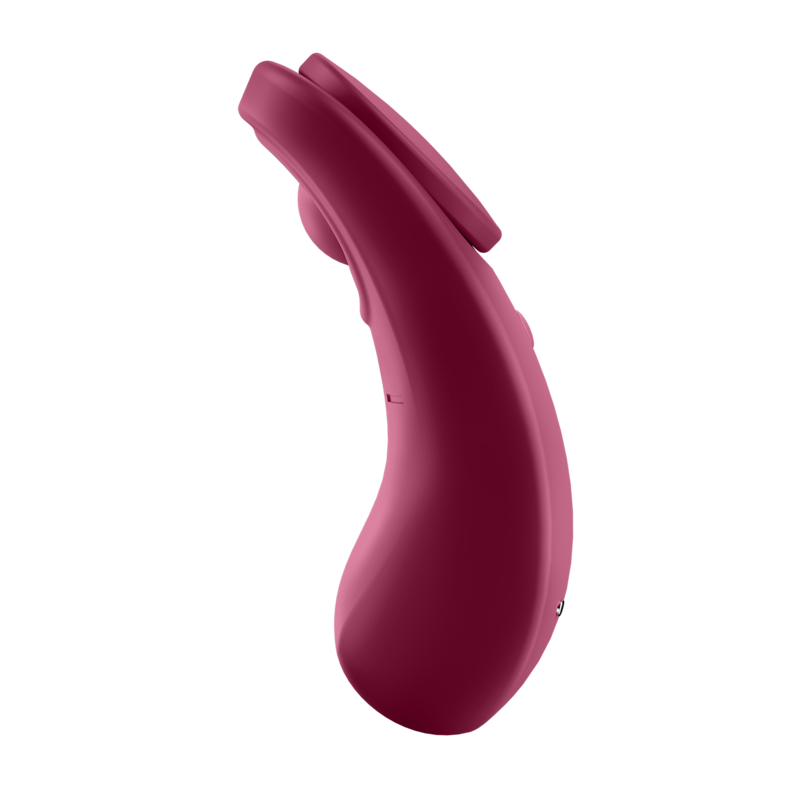 Stimulateur de culotte Sexy Secret bordeaux de profil, sa courbe galbée en silicone doux suit l'anatomie pour des vibrations clitoridiennes discrètes et connectées.