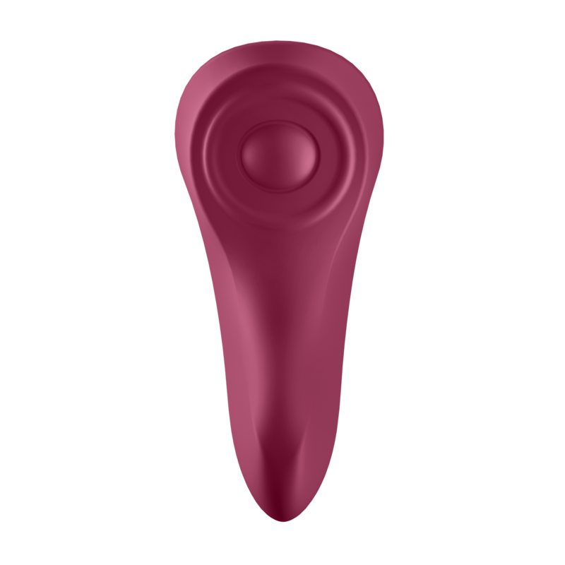 Vue de dessus du Sexy Secret bordeaux révélant la large surface bombée en silicone qui diffuse les vibrations contre le clitoris, vibromasseur de culotte connecté.