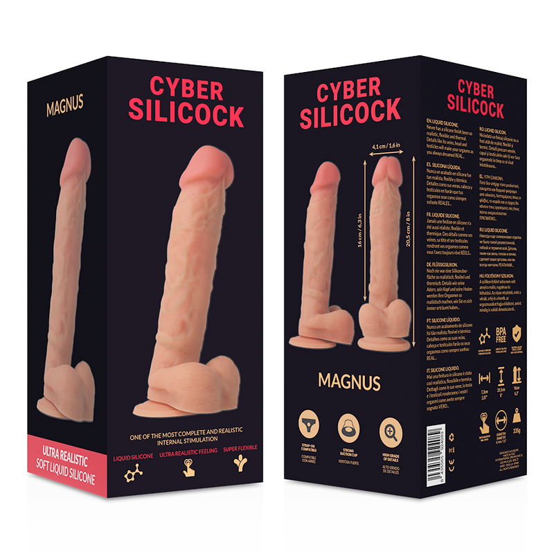 Boite recto-verso du gode realiste Cyber Silicock Magnus, visuel du silicone chair avec gland et testicules accompagne des icones de caracteristiques.