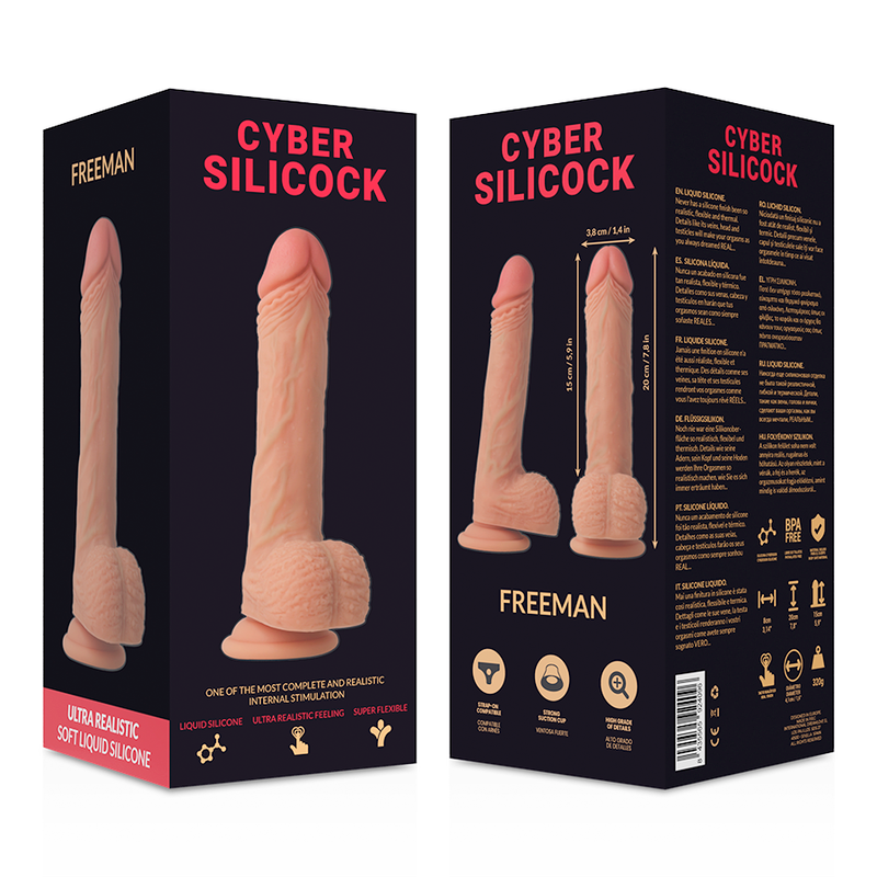 Boite recto-verso du gode realiste Cyber Silicock Freeman illustrant le silicone chair avec gland et testicules ainsi que les pictogrammes d'usage.
