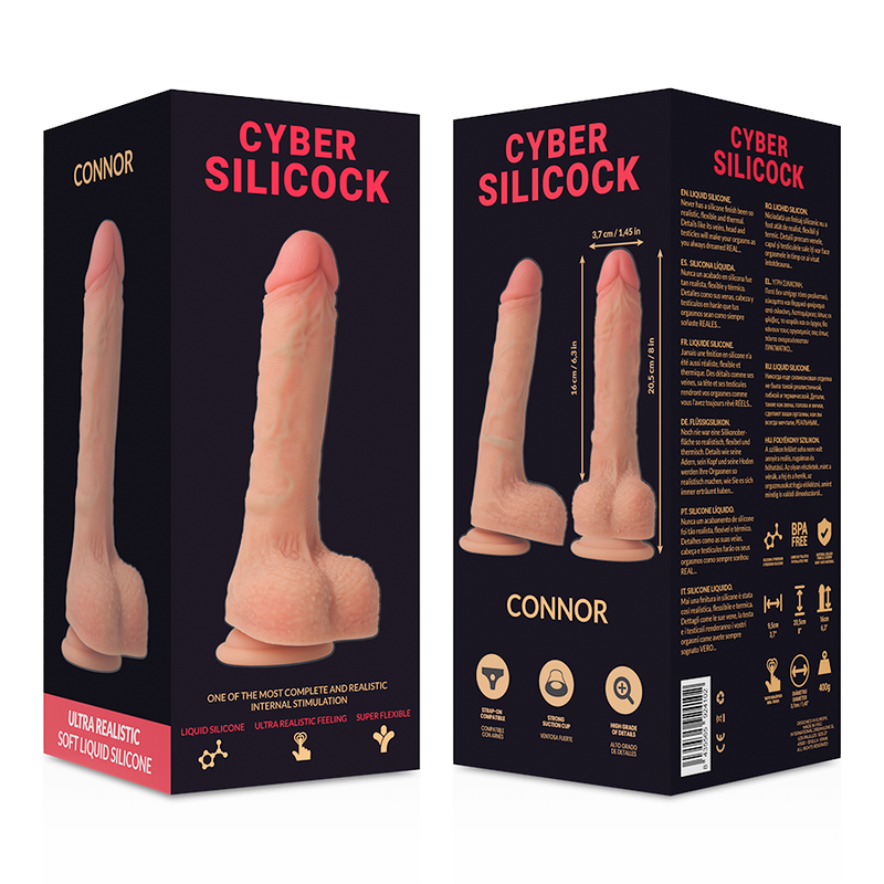 Boite recto-verso du gode realiste Cyber Silicock Connor, visuel du silicone chair avec gland et testicules accompagne des icones de caracteristiques produit.