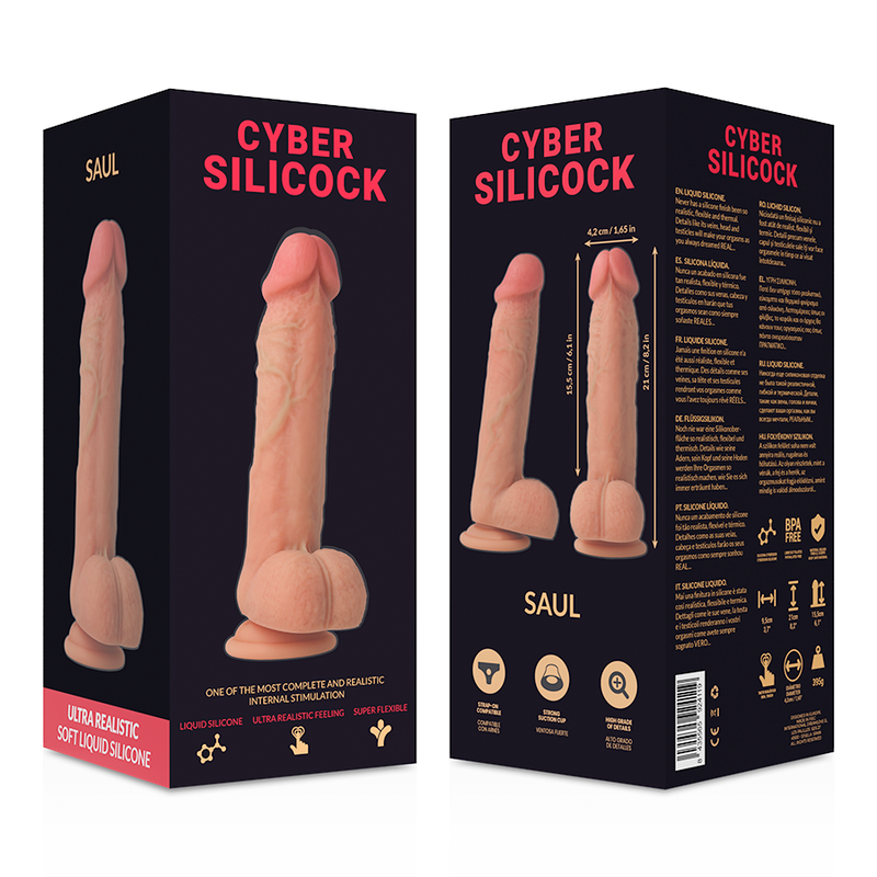 Boite du gode realiste Cyber Silicock modele Saul, recto-verso noir illustrant le silicone chair avec gland et testicules et les pictogrammes d'usage.
