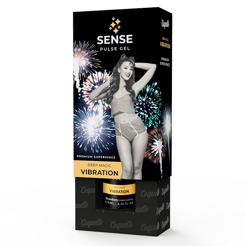 Boite Sense Pulse Gel Coquette vue de trois quarts, packaging Deep Magic Vibration avec modele pin-up en lingerie filet et feu d artifice, gel stimulant saveur fraise