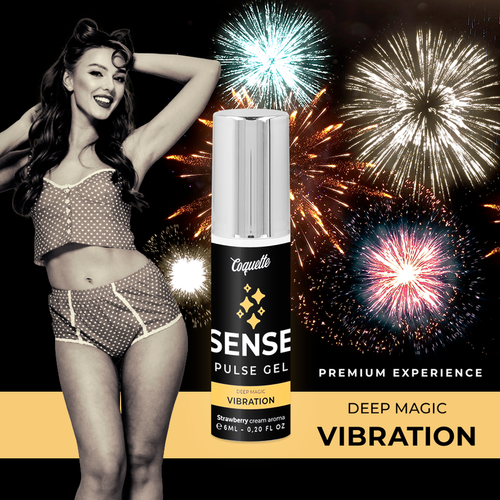 Visuel promotionnel Sense Pulse Gel Coquette saveur fraise avec modele pin-up en lingerie filet, flacon spray et boite Deep Magic Vibration sur fond feu d artifice