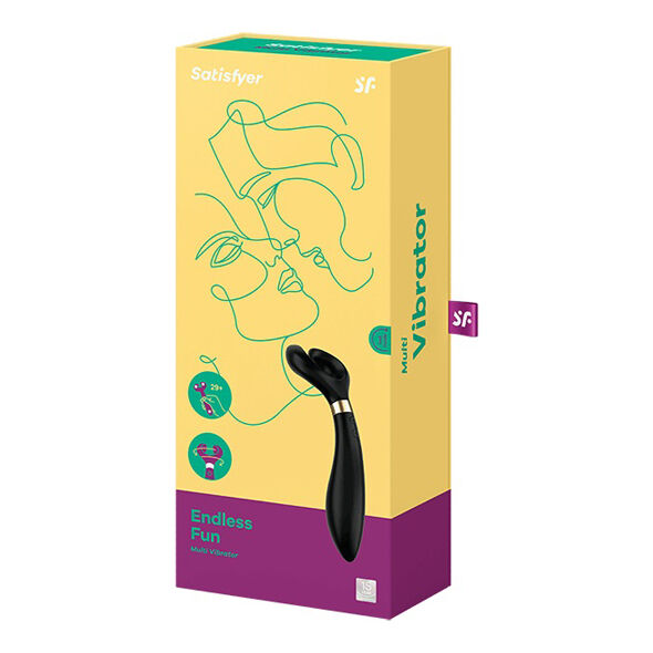 Vibromasseur Satisfyer Endless Fun bleu nuit sur sa boite jaune line-art, jouet multifonction en silicone a deux bras mobiles et tige insérable.