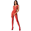 Body résille rouge BS085 porté de face, maille ajourée transparente avec dentelle moulant la silhouette, ouverture entrejambe, lingerie de séduction Passion.