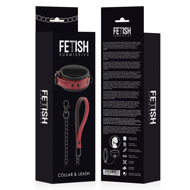 Boite Fetish Submissive Collar & Leash montrant le collier laisse en cuir vegan bordeaux de face et de dos, mention chaine metal sans nickel, packaging fetichiste.