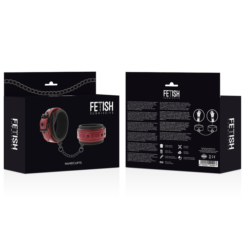 Boite Fetish Submissive Handcuffs presentant les menottes en cuir vegan bordeaux de face et de dos, fiche technique et pictogrammes, packaging fetichiste sobre.