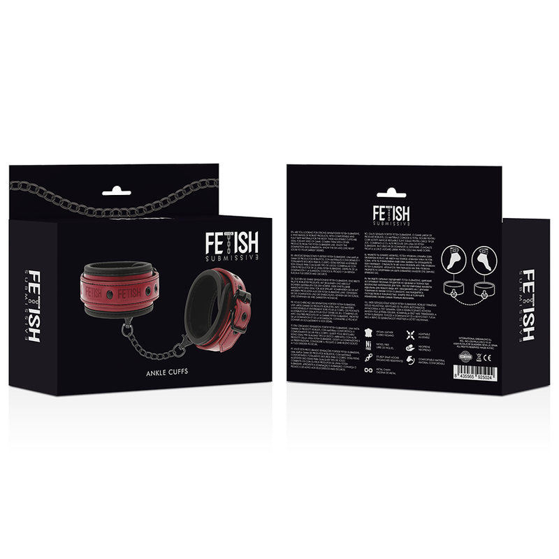 Boite Fetish Submissive Ankle Cuffs montrant les menottes de cheville en cuir vegan bordeaux de face et de dos, fiche technique et chaine metal, packaging discret.