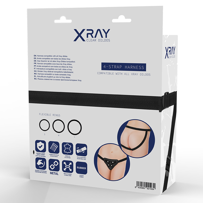 Dos de la boite harnais X Ray detaillant les 3 anneaux flexibles et schemas de port sur silhouettes, notice multilingue, pictos materiau silicone et metal