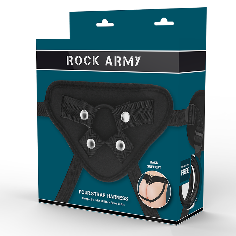 Boite Rock Army Four Strap Harness, packaging du harnais a quatre sangles avec back support. Visuel produit du harnais cuir PU et nylon reglable, anneaux silicone offerts inclus.