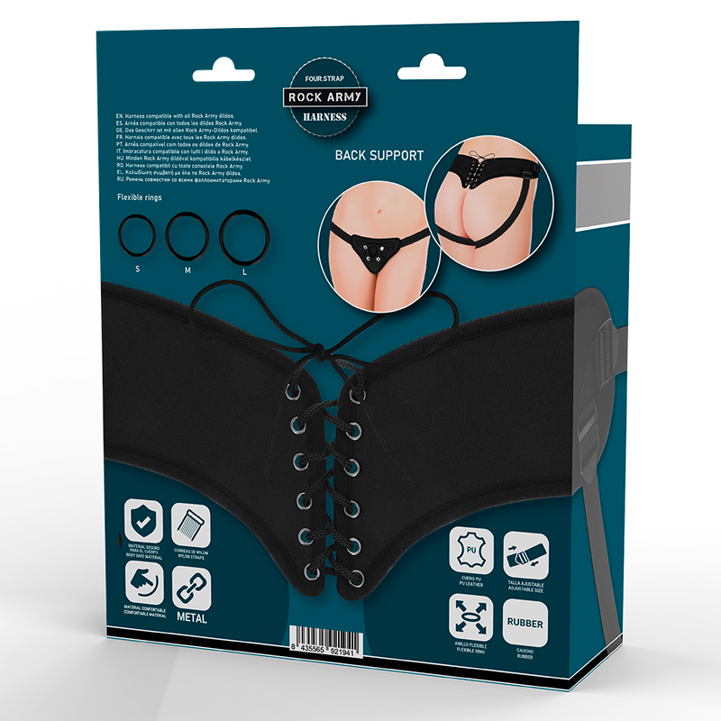Boite Rock Army Four Strap Harness vu de dos, detail du laçage corset et des pictogrammes produit. Packaging du harnais cuir PU et nylon reglable avec back support et anneaux inclus.