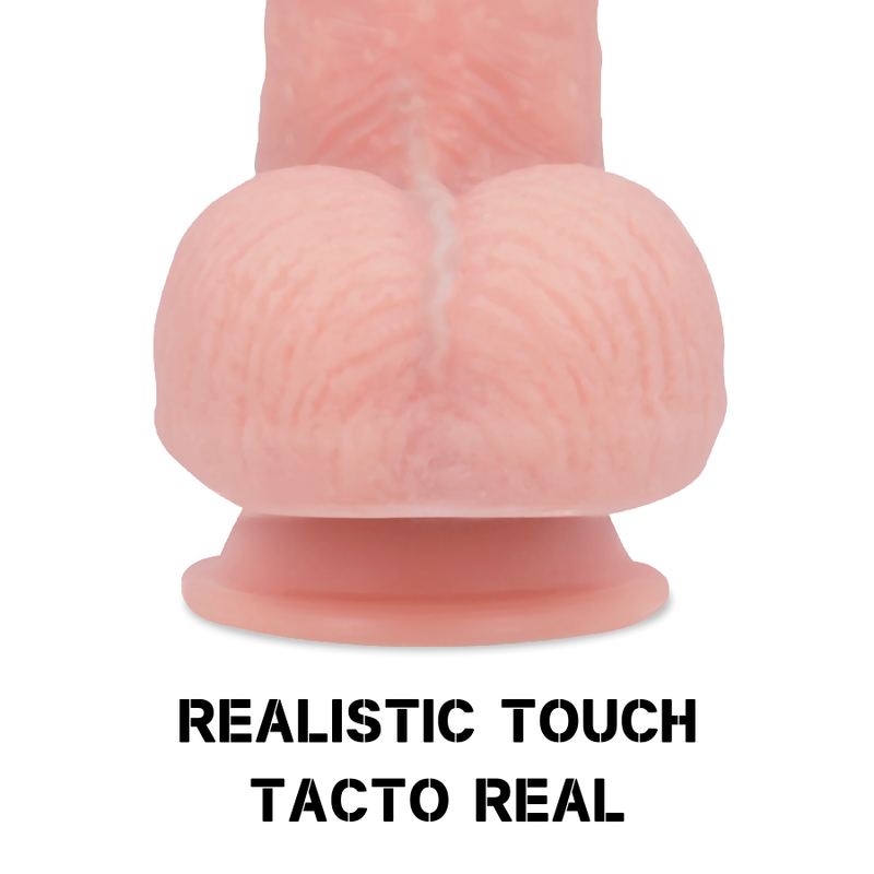 Vue rapprochee des testicules moules du gode realiste Panzer Rock Army, texture peau detaillee au toucher reel, base ventouse double densite compatible harnais de pegging.