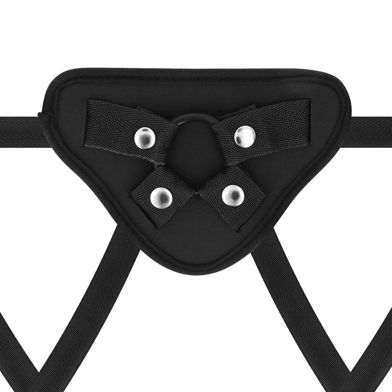 Harnais ajustable Rock Army en cuir PU vu de face, sangles nylon reglables et anneau central a rivets, compatible avec les godes a base plate de la collection Panzer.