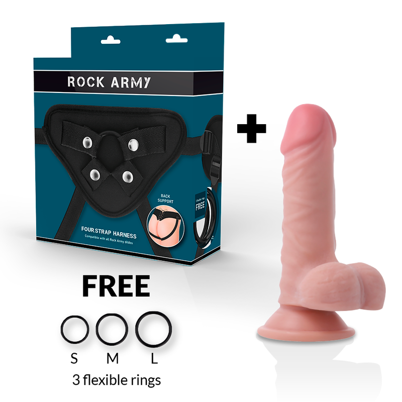 Pack strap-on Panzer Rock Army : boite four strap harness, gode realiste double densite au ton chair avec testicules et trois anneaux flexibles S M L offerts.