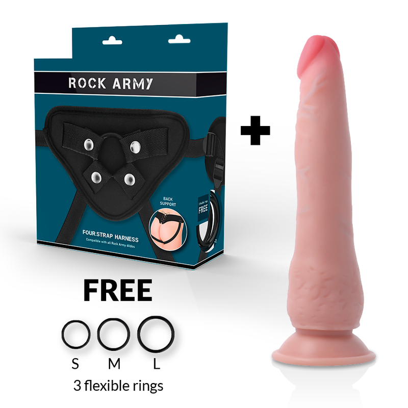 Pack strap-on Crusader Rock Army : boite four strap harness, gode realiste double densite au ton chair et trois anneaux flexibles S M L offerts pour le pegging.