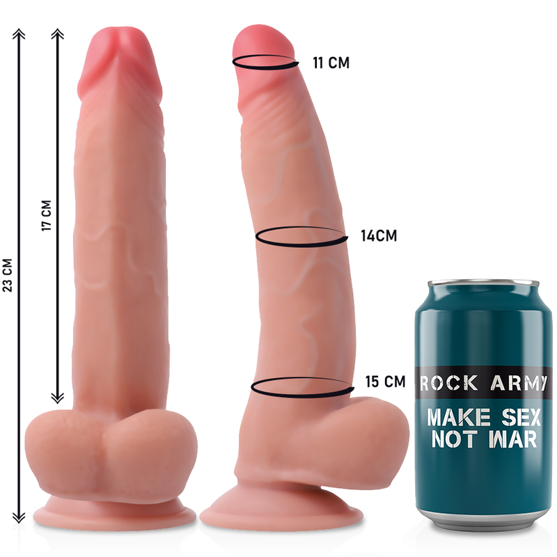 Gode realiste Leopard Rock Army de 23 cm avec mensurations 11, 14 et 15 cm comparees a une canette, base ventouse double densite pour usage vaginal ou anal.