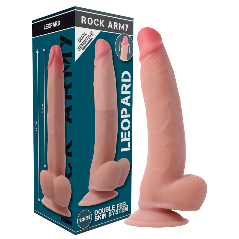Boite Rock Army Leopard et gode realiste double densite de 23 cm au ton chair avec testicules, base ventouse stable pour la penetration vaginale ou anale.
