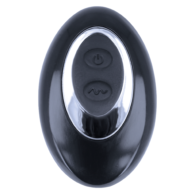 Telecommande sans fil noire du vibrateur Apache Rock Army, bouton marche et selecteur de modes, pilotage a distance des vibrations du gode silicone rechargeable.
