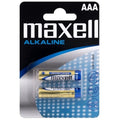 Blister Maxell Alkaline AAA contenant deux piles 1,5 V sous cloque, gros plan de face, pour alimenter sextoys vibrants, telecommandes et petits appareils du quotidien.