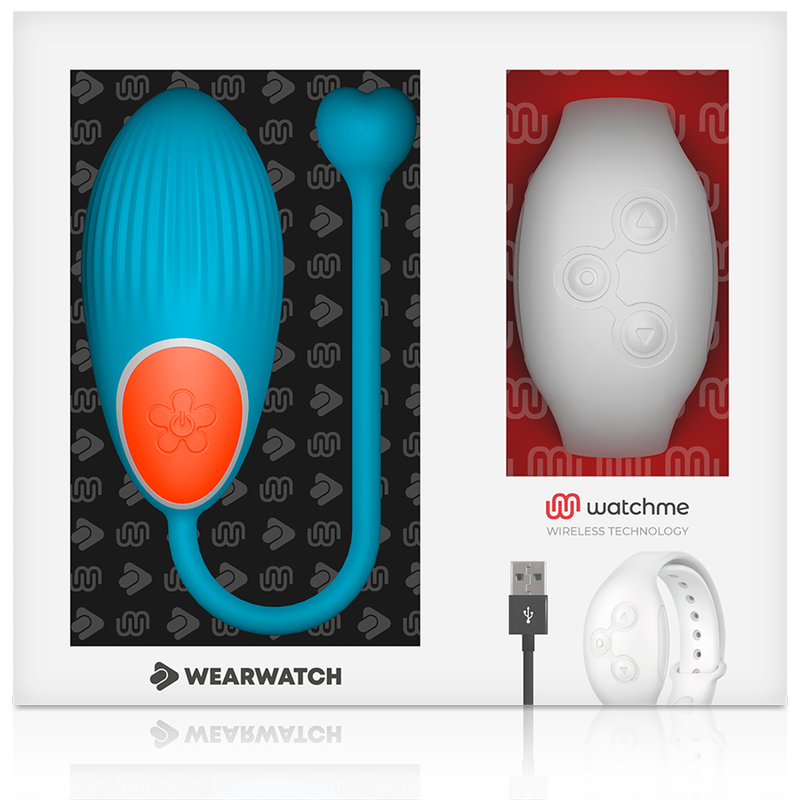 Coffret Wearwatch presentant l'oeuf vibrant bleu en silicone et son cable de charge USB, controle par montre intelligente Watchme pour vibrations a distance.