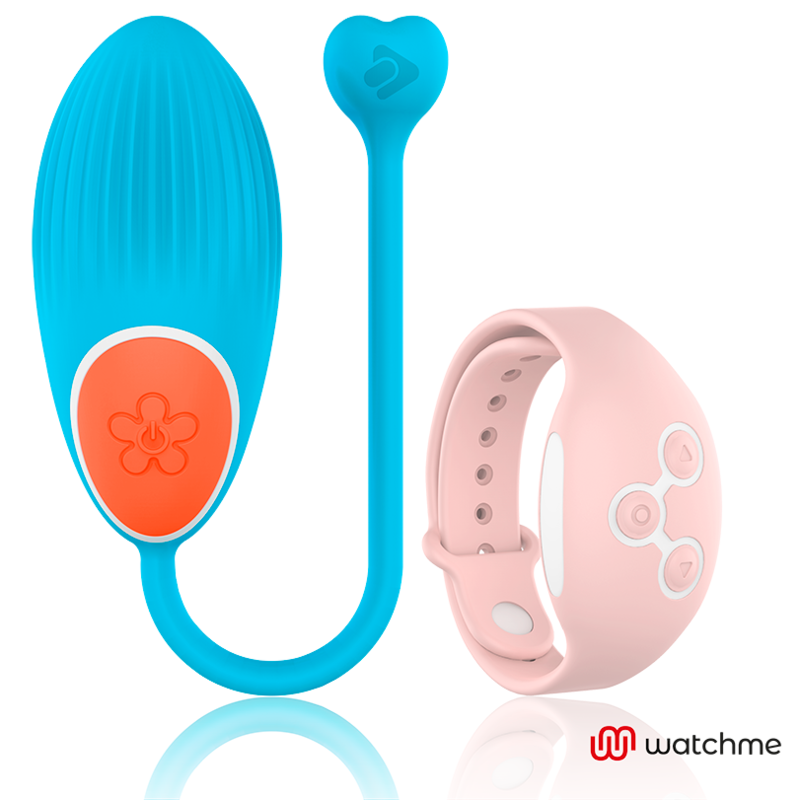 Oeuf vibrant Wearwatch bleu turquoise en silicone a cordelette coeur, presente face a la montre telecommande blanche, technologie Watchme pour stimulation a distance.
