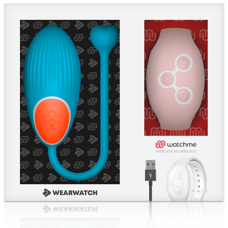Boite Wearwatch presentant de profil l'oeuf vibrant bleu texture et sa cordelette, accompagne de la montre telecommande blanche a technologie Watchme sans fil.